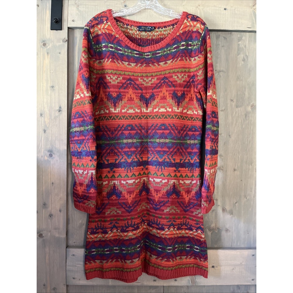 Ralph Lauren Red Beacon Sweater Dress Southwest Aztec Women's Large Multicolor